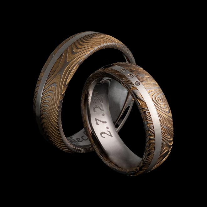 Trauringe Hemera + Rheas Gold + Silver Inlays